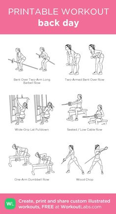 the printable workout poster shows how to do back - day exercises for women and men