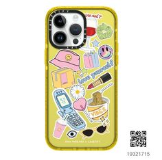 an iphone case with various stickers on the front and back of it, in yellow