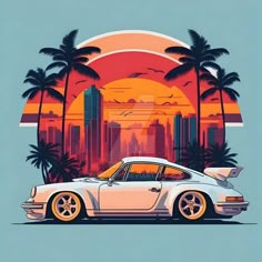 a white car parked in front of palm trees with the sun setting behind it and buildings