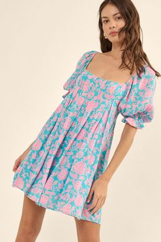 Secret Rendezvous Pleated Floral Babydoll Mini Dress - ShopPromesa Ruffled Dress Preppy, Cute Dresses Casual Short Floral, Secret Rendezvous, Pinterest Wardrobe, Pink And Blue Dress, Summer Wishlist, Cutest Outfits, Chic Over 50, Babydoll Mini Dress