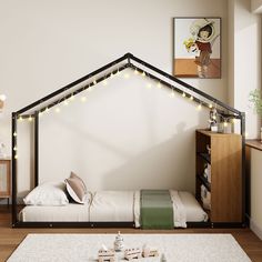 Descriptions: This charming house-shaped bed brings fun and functionality together, offering your child a space to both sleep and play. Bed Frame With Shelves, Playhouse Design, Twin House Bed, House Bed Frame, House Beds For Kids, Toddler Floor Bed, Elegant House, House Frame Bed, Unique Bed