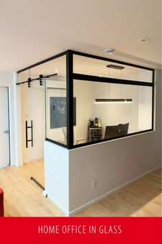 Small Glass Office Work Spaces, Half Glass Wall Office, Glass Wall Home Office, Home Office Glass Wall, Small Office Kitchen, Office Partition Design, Open Concept Office, Glass Wall Office, Small Office Design Interior