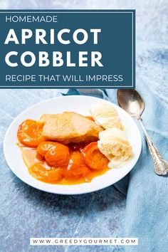 A serving of apricot cobbler with golden-brown crust, juicy apricots, and a scoop of vanilla ice cream on a white plate. Apricot Cobbler Recipes, Apricot Cobbler, Ice Cream Custard, Fresh Apricots, Cobbler Easy, Healthy Chocolate Cake, Apricot Recipes, Cream Custard, American Desserts