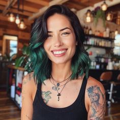 Teal Color Block Hair, Deep Emerald Green Hair, Brown Teal Hair, Black Teal Hair, Brown Hair Teal Highlights, Deep Teal Hair, Brown Hair With Teal Underneath, Smoky Teal Hair, Shoulder Length Green Hair