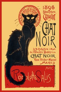 a black cat sitting on top of a red and yellow sign that says chat noir