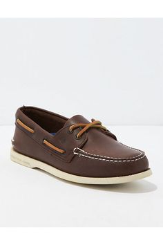 Full-grain leather upper/Rawhide laces/Rust-proof eyelets/Ortholite® cushioning for all-day comfort/Non-marking rubber outsole with signature Sperry Razor-Cut Wave-Siping™ technology/Not eligible for promotions | Only ships within the USA Sperry Men, Boat Shoe, Mens Outfitters, Mens Casual Shoes, Sperrys, Full Grain Leather, Boat Shoes, American Eagle Outfitters, Women's Jeans