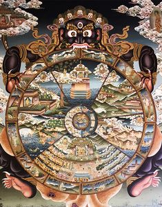 the wheel of life is depicted in an ornately detailed painting with many different colors