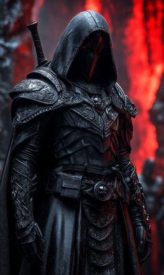 a man dressed as darth vader standing in front of a red background