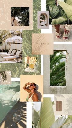 a collage of photos with palm trees, chairs and umbrellas in the background