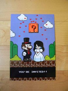 a card with an image of a bride and groom on it