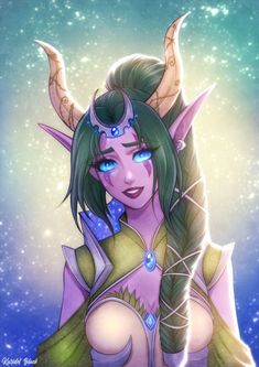 an image of a woman with horns on her head and green hair wearing blue eyes