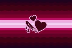 two hearts with knifes in the middle on a pink and purple striped wallpaper