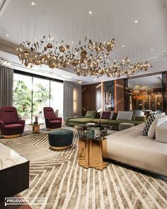 a living room filled with lots of furniture and a chandelier hanging from the ceiling