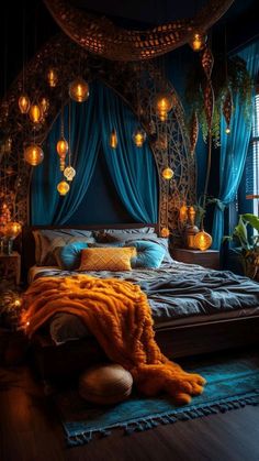 a bedroom with blue curtains and lights hanging from the ceiling