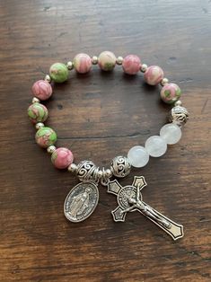 Catholic Rosary Bracelet Miraculous Medal Stretch Rosary Beads Pink Catholic Bracelet Silver Jade Rosary Prayer Beads for First Communion - Etsy Healing Jewelry With Miraculous Medal And Round Beads, Spiritual Rosary Bracelet With Round Beads For Healing, Spiritual Rosary Bracelet With 108 Beads, Spiritual Beaded Bracelets With Miraculous Medal, Spiritual Healing Rosary Bracelet With Round Beads, Spiritual Rosary Bracelet With Miraculous Medal, Multicolor Spiritual Rosary Bracelet With 8mm Beads, Adjustable Spiritual Rosary Bracelet With 8mm Beads, Spiritual Adjustable Rosary Bracelet With 8mm Beads