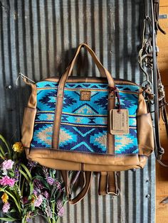 STS Mojave Sky Diaper Bag-Diaper Bags-Carrol STS Ranchwear-Lucky J Boots & More, Women's, Men's, & Kids Western Store Located in Carthage, MO Desert Sky, Bright Turquoise, Leather Accents, Aztec Pattern, Leather Handles, Leather Patches, The Desert, Zip Top, Full Grain Leather