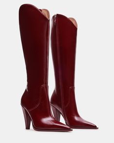 Camel Leather Boots, Cowboy Boots Fashion Week, Black Women Fall Fashion 2024, Burgundy Tall Boots, Dark Red Knee High Boots, Maroon Cowgirl Boots, Red Heels Boots, Shoes For Big Feet Women Style, Shoes Women 2024