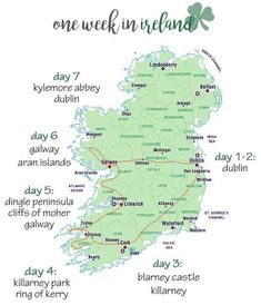 a map showing the location of ireland and its major cities, including one week in ireland