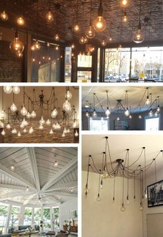 several different pictures of lights hanging from the ceiling