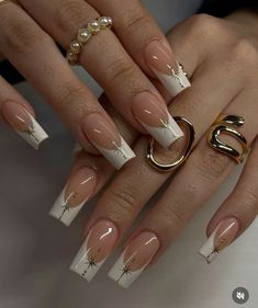 Gold And Silver French Tip Nails, Elevated French Tip Nails, French Tio Design, White Gold Nails Design Classy, Nails Design With Gold, Gold And White French Tip Nails, French Tips With Gold Line, White French With Gold, White Airbrush Nails