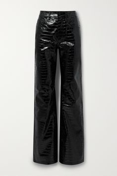 The Frankie Shop's 'Bonnie' pants are the perfect foundation piece - style them with everything from breezy blouses to graphic tees or chunky sweaters. Cut from croc-effect faux leather, they're designed to sit high on the waist and have straight-legs. Black Sparkly Pants, Croc Leather Pants, Mcu Outfits, Celeb Lifestyle, Stylist Closet, Flare Leather Pants, Huge Wardrobe, Posh Clothing, Styling Pants