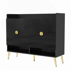 a black cabinet with gold handles and two doors on the front, against a white background