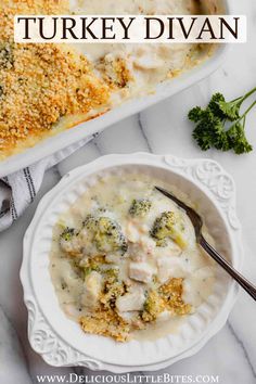 a casserole dish filled with turkey and broccoli covered in gravy