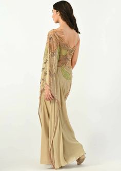 Nehar Kaftan Draped Kaftan, Embroidered Lily, Neutral Beige, Crystal Drop, Beige Color, With Love, Special Occasion, One Shoulder, Lily