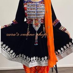 afghan kuchi traditional wedding drees is made of good quality long lasting fabric. Traditionally such Afghanistan Persian Pashtun new design frocks are used as bridal dress. Most of girls also like and recommend such dresses for wedding, Nikkah and Mehndi night events. The dress measurements are kept average. If you need this frock in exact measurements you need, then please send us measurements which best fit on your body Black And Gold Afghan Dress, Black Afghan Dress, Black Afghan, Afghan Wedding Dress, Black And Orange Dress, Wedding Nikkah, Black And Green Dress, Afghani Clothes, Mehndi Night