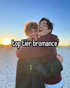 two people hugging each other with the words top tier bromance in front of them