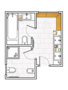 a floor plan for a small bathroom with two sinks and a bathtub in the corner