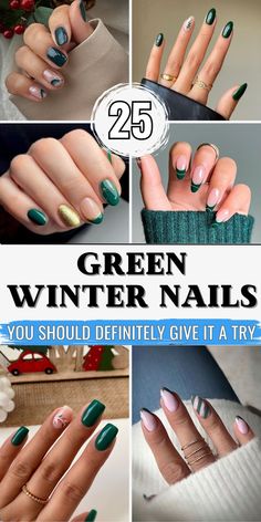 Celebrate the winter season with green winter nails in 2025. Acrylic designs in forest green and dark emerald shades are perfect for short, coffin, or round nails. Add bling with glitter, matte finishes, and snowflake designs to stay on trend. These ideas will have your nails looking festive and fashionable, following the latest nail shapes and styles. Cute Nail Ideas For Winter Simple, Forest Green Winter Nails, Short Round Nails Green, Green Nail Christmas, Short Coffin Winter Nails, Plain Holiday Nails, Holiday Inspired Nails, Winter Nail Designs Classy Simple, Natural Nail Designs Winter