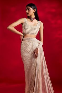 Ivory pre-draped saree with pearl, cutdana embroidery. Paired with a blouse with tassels all over. - Aza Fashions Ivory Saree, Net Sari, Drape Saree, Embellished Blouse, Beaded Neckline, Blouse For Women, Contemporary Fashion, Aza Fashion, Types Of Sleeves