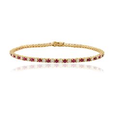 Ruby And Gold Bracelet is a stunning choice for those who appreciate the deep pink beauty of rubies combined with the durability and affordability of Gold. RUBY Gemstone has been described as 'a drop of heart's blood of Mother Earth' The Ruby gemstone cognates with the Sun, and is believed to maintain physical and mental health. A ruby is the most popular variant of rubies, as it is believed to be the the finest source of original Red Ruby stone. Rubies have forever been considered the stones of love, passion, energy, and power. DIAMOND Diamonds can increase creativity and positive feelings and alleviate nervousness. It can calm your mind and bring you inner peace. One of the common diamond stone benefits is that it can attract success towards the wearer and has healing properties that are 10 Year Wedding Anniversary Gift, Attract Success, Positive Feelings, 5 Year Anniversary Gift, Increase Creativity, Wedding Jewelry Bracelets, Ruby Stone, Yellow Stone, Diamond Settings