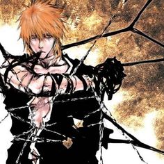 an anime character with orange hair and black clothes, holding barbed wire around his body