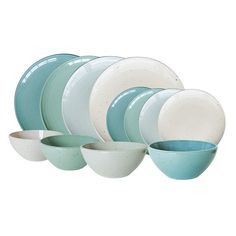 blue and white dishes are stacked on top of each other, with one bowl in the middle