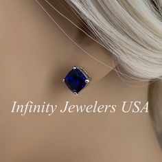 "These earrings are cushion cut lab created Blue sapphire made in 14k white gold item #5725 Also shown in 14k yellow gold -Approximate total carat weight: 3.50ctw. -Center Stone Size: 1.75ct. each ( Diamond equivalent) 7x7mm -Gem Type: Lab Created Sapphire -Stone Shape: Cushion Cut -Stone Clarity: VS2 -Stone Color: Blue -Metal Type and Purity: 14K White Gold -Setting: 4 Prong Basket Style -Backing: Screw back (earring backs are subject to change due to availability) Country of Manufacturing: USA Gia Certified Cushion Cut Sapphire Jewelry, Cushion Cut Tanzanite Jewelry Gift, Cushion Cut Tanzanite Jewelry As A Gift, Cushion Cut Tanzanite Jewelry For Gifts, Classic Jewelry With Cushion Cut Lab-created Sapphire, Classic Cushion Cut Lab-created Sapphire Jewelry, Classic Lab-created Sapphire Cushion Cut Jewelry, Cushion Cut Lab-created Sapphire Jewelry, Lab-created Sapphire Cushion Cut Jewelry