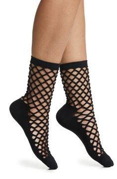 Fishnets meet crew socks in this edgy cotton-blend pair fashioned with a ribbed cuff to prevent slipping and an opaque footbed for comfort in every step. Cotton/polyester/spandex Machine wash, dry flat Imported Fishnet Ankle Socks, Fishnet Socks, Liquid Satin, Sheer Socks, Style Guru, Designer High Heels, Black Fishnets, Stockings Legs, Sheer Tights