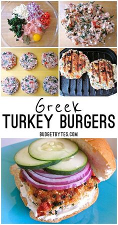 turkey burgers with cucumbers, tomatoes and other foods on them are shown