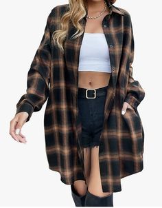 Blooming Jelly Women's Button Down Flannel Shirts Plaid Shacket Long Sleeve Collared Long Jacket Coats Long Tshirt Dress, Plaid Print Shirt, Buffalo Plaid Shirt, Plaid Shirt Women, Plaid Shacket, Long Coat Jacket, Flannel Shirts, Plaid Dress Shirt