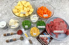 the ingredients for this meal include meat, potatoes, carrots and peas