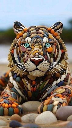 a close up of a statue of a cat made out of rocks and pebbles on the beach