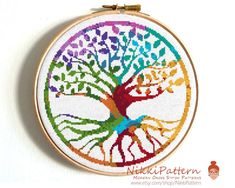 a cross stitch tree with colorful leaves on it