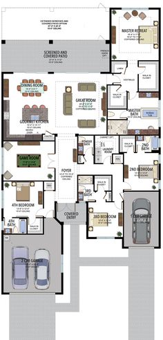 the floor plan for a home with two car garages and an attached living area