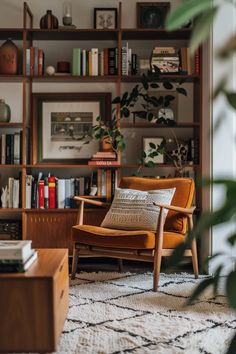 a living room filled with furniture and bookshelves