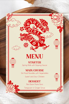 a menu for a chinese restaurant with a dragon on it