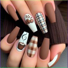 Nail Art Designs For November, Cute November Nail Ideas, Nail Art Designs November, Fall Coffee Nails, Autumn Nail Designs Ideas, Nail Art November, Fall November Nails, Pattern Nails Designs, Fall Themed Nails Acrylic