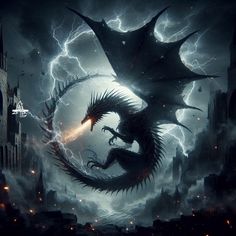 a black dragon is in the middle of a dark city with lightning coming from its mouth