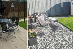 two pictures side by side one with patio furniture and the other has an umbrella