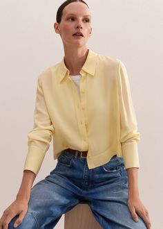 Silk Crop Shirt   | ME+EM Yellow Shirt Outfit, Outfit Yellow, Vest Layering, Oversize Sleeves, Cashmere Jacket, Yellow Cardigan, Country Fashion, Yellow Shirt, Yellow Silk